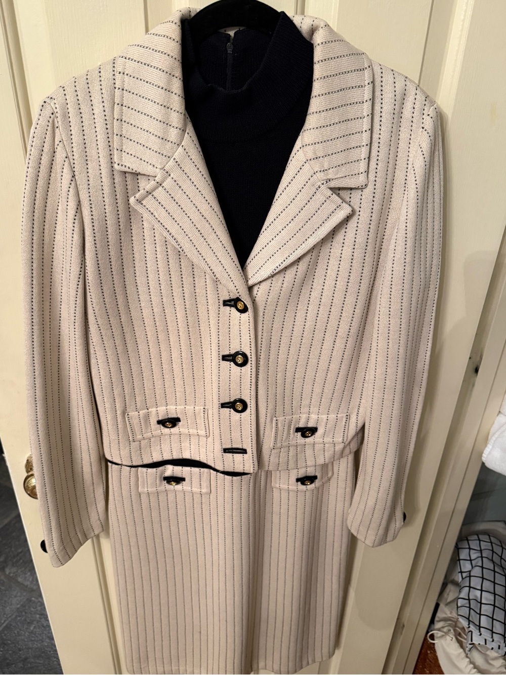 St. John Cream Pinstripe Long Sleeve Skirt Suit with Navy Trim
